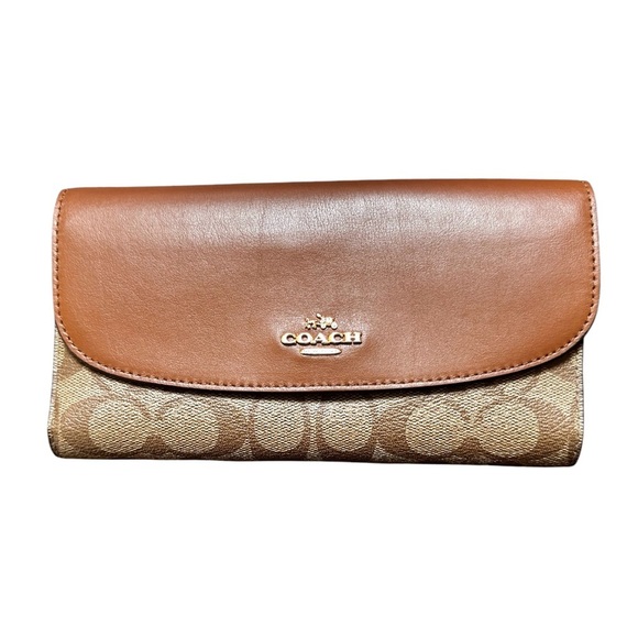 Coach Signature C Logo Slim Envelope in Khaki/Saddle checkbook Fold Long Wallet - Picture 2 of 8